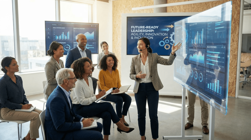 Professional presenting FUTURE-READY LEADERSHIP: INNOVATION & INCLUSION to a diverse group of colleagues.