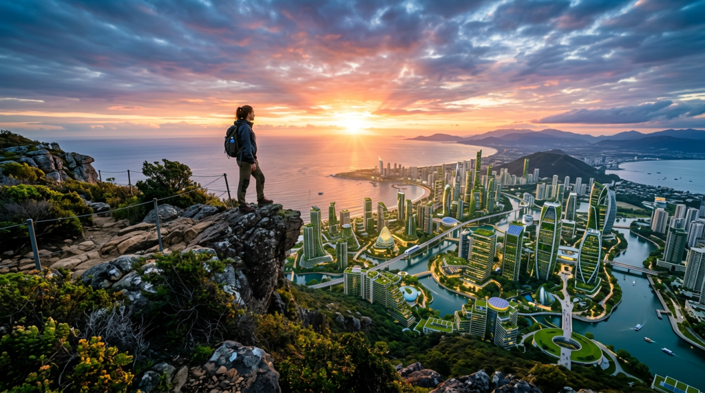 Hiker on rocky cliff overlooking futuristic eco-friendly city with green buildings and waterways at sunset