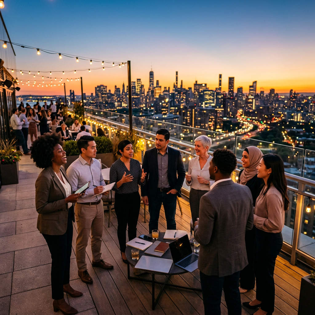Diverse group of business professionals networking on rooftop at sunset with city skyline behind