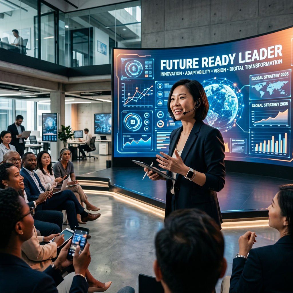 A businesswoman presenting digital transformation strategies to a seated audience